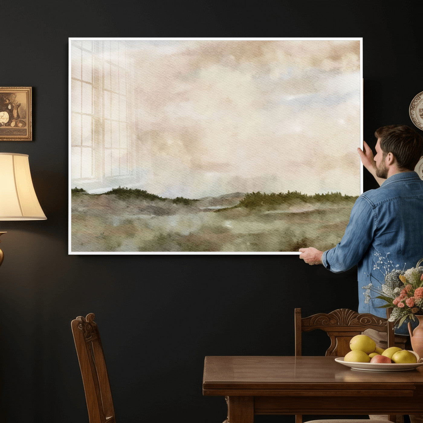 13578069-MGV-CV-36X24 - Abstract Landscape Wall Art Canvas Print, Watercolor Pastoral Landscape Painting Wall Decor for Modern Farmhouse Interiors