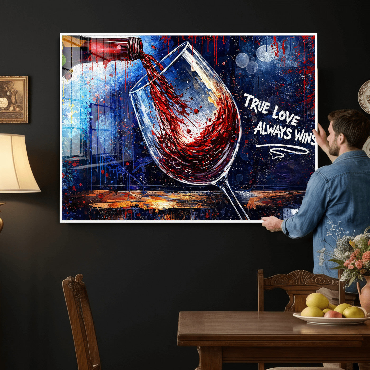 88788932-MGV-CV-36X24 - Red Wine Splash Abstract Wall Art Canvas Print, Modern Wine Glass Painting Canvas Print, Romantic Quote Contemporary Bar Art Print