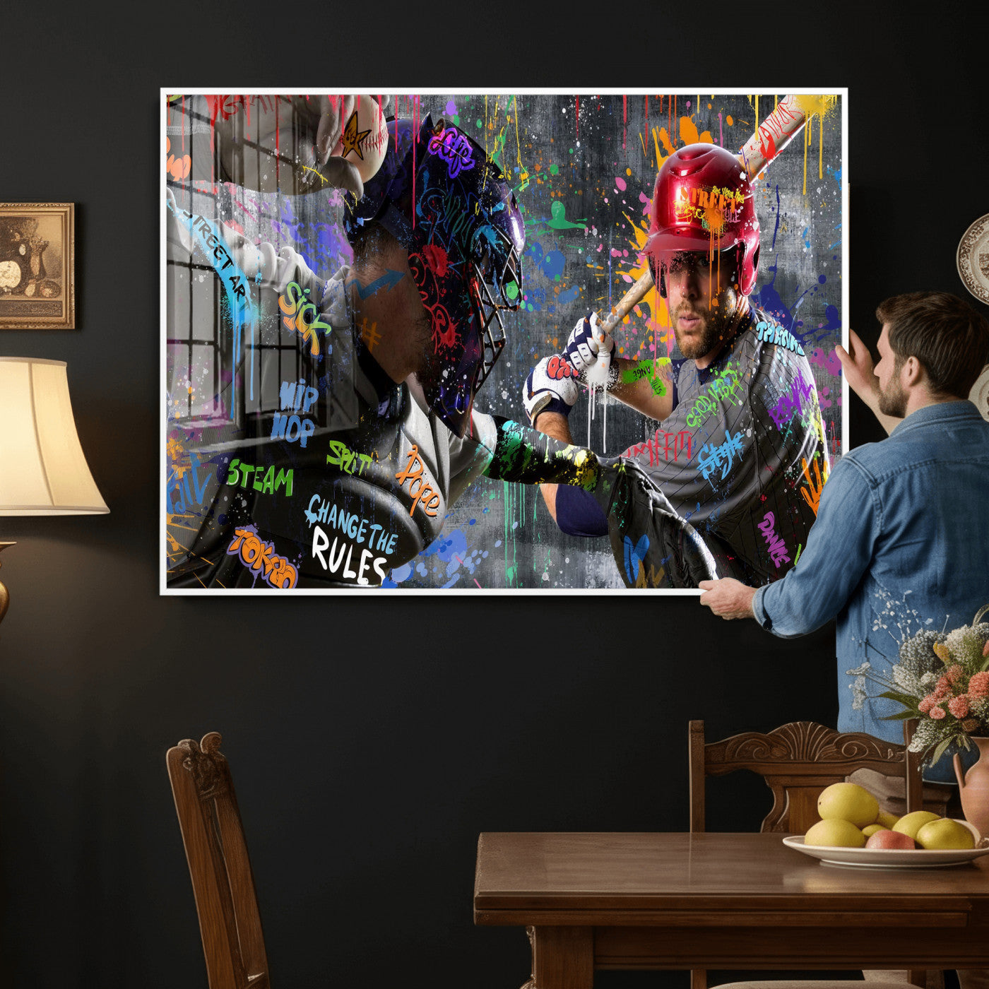 19634994-MGV-CV-36X24 - Graffiti Baseball Player Street Art Wall Art Canvas Print, Urban Sports Pop Art Baseball Canvas Print, Modern Athletic Graffiti Contemporary Art Printing