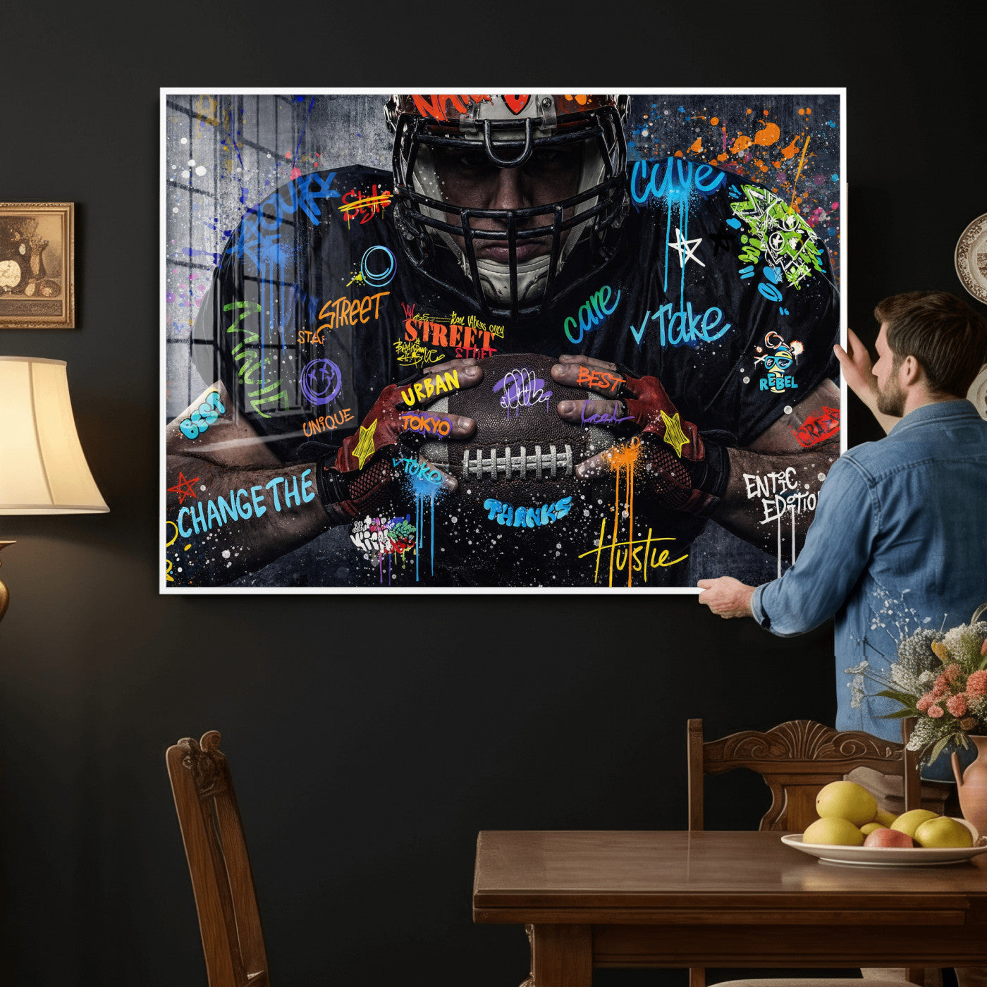 55267256-MGV-CV-36X24 - Graffiti American Football Player Street Art Wall Art Canvas Print, Urban Sports Pop Art Football Canvas Print, Modern Athletic Graffiti Contemporary Art Printing