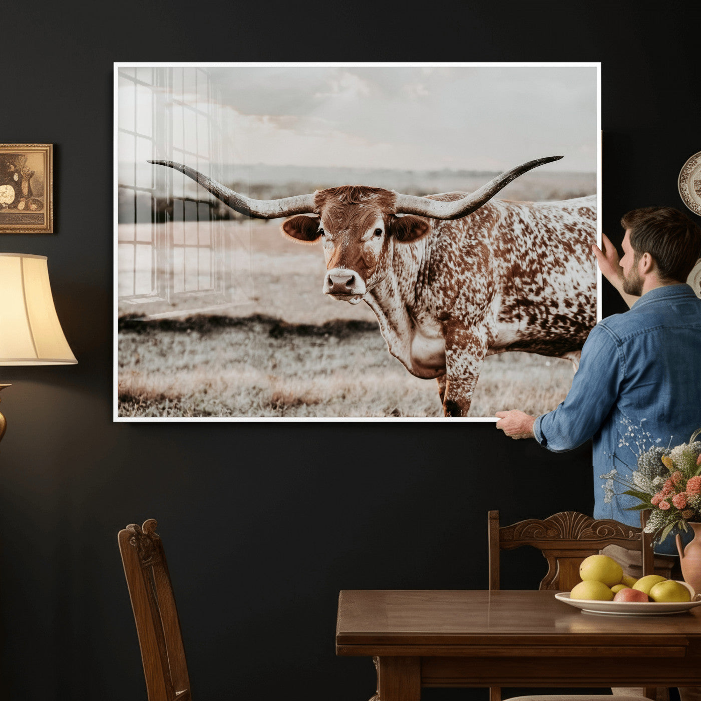 73897046-MGV-CV-36X24 - Texas Longhorn Bull Rustic Wall Art Canvas Print, Western Cattle Photography Canvas Print, Ranch Farm Animal Western Art Printing