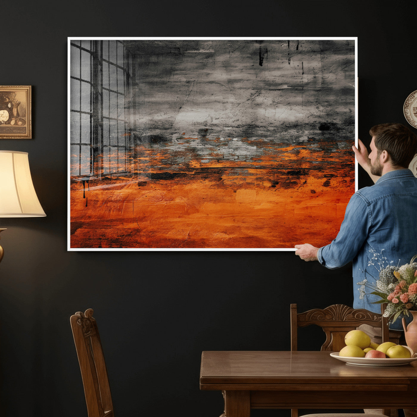 75409282-MGV-CV-36X24 - Black Orange Abstract Wall Art Canvas Print Modern Textured Painting Decor