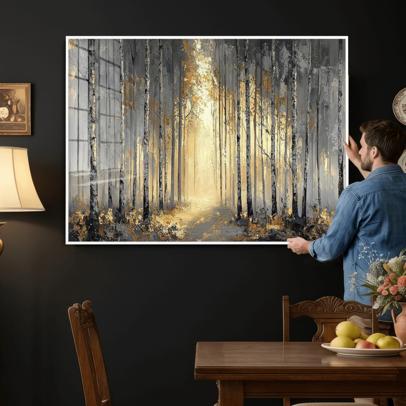 41017042-MGV-CV-36X24 - Abstract Birch Forest Wall Art Canvas Print – Modern Neutral Woodland Landscape Artwork for Living Room Decor