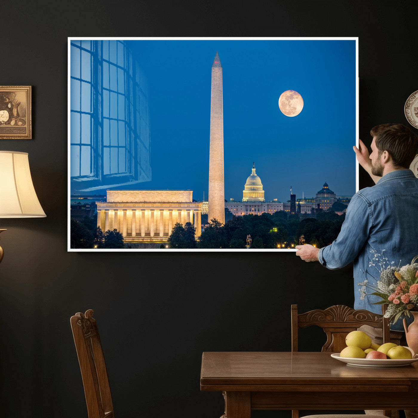 96712946-MGV-CV-36X24 - Washington DC Skyline Wall Art Canvas Print – Lincoln Memorial, Washington Monument and US Capitol Night Cityscape Artwork