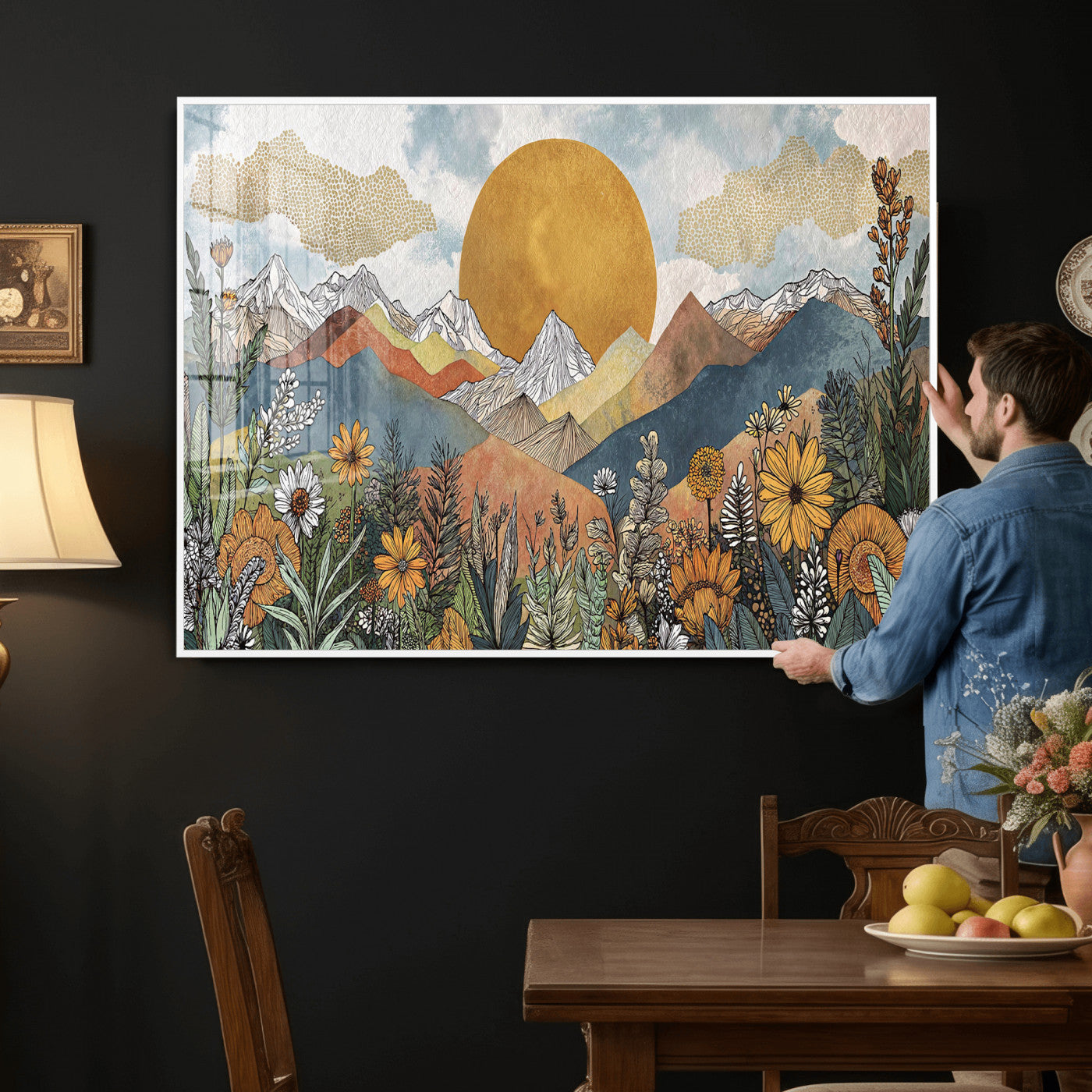 17540863-MGV-CV-36X24 - Boho Mountain Landscape Large Wall Art, Horizontal Gold Framed Canvas Print with Sun and Flowers