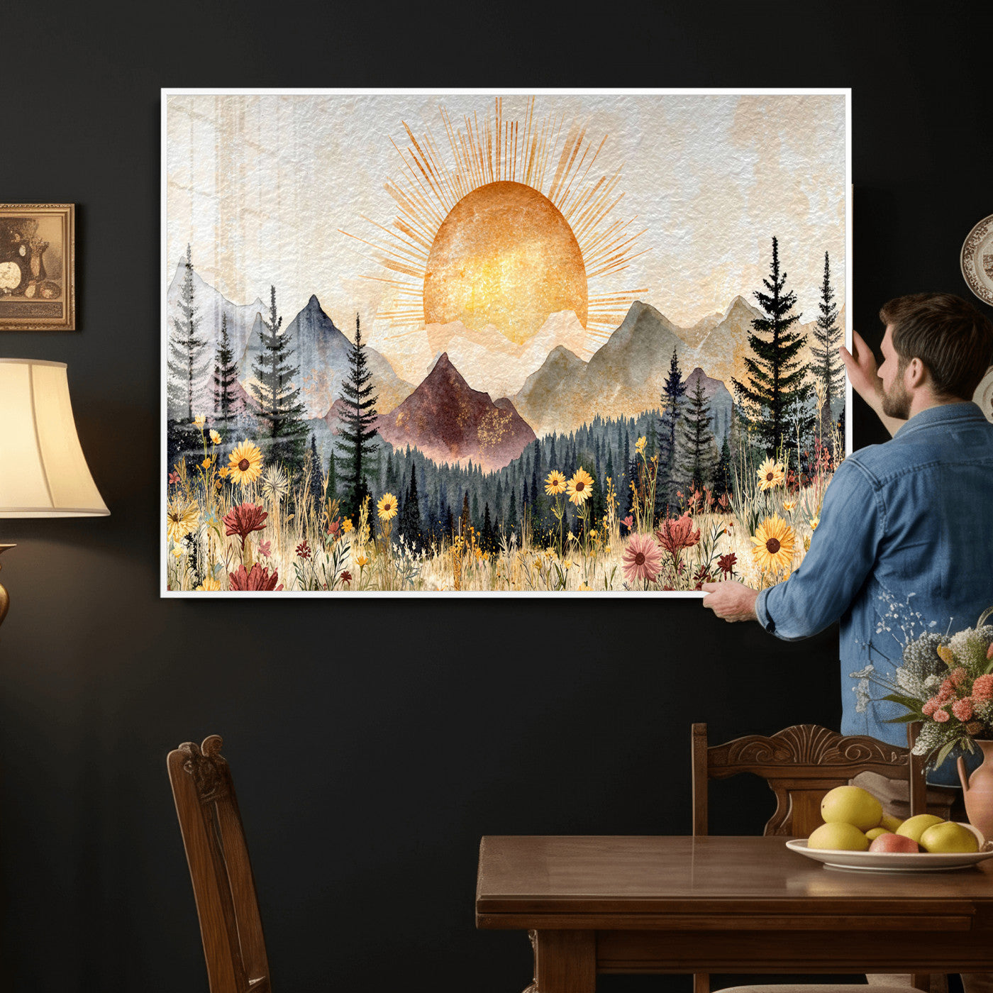 69025244-MGV-CV-36X24 - Boho Mountain Landscape Large Wall Art, Horizontal Gold Framed Canvas Print with Sun and Flowers