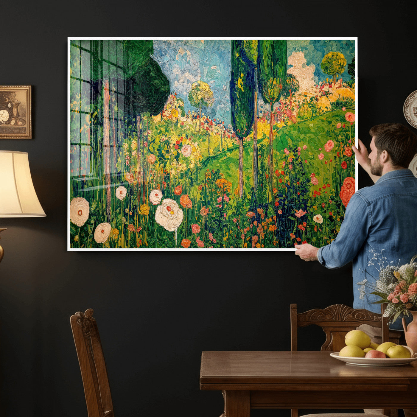 83517974-MGV-CV-36X24 - Gustav Klimt Boho Mountain Landscape Large Wall Art, Horizontal Gold Framed Canvas Print with Sun and Flowers