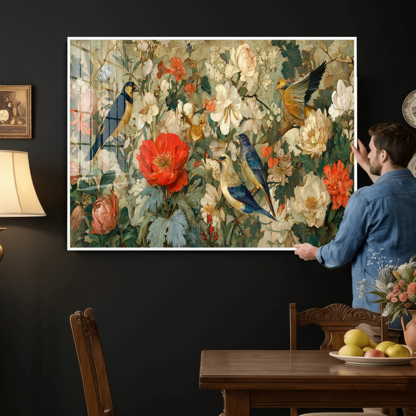 52904757-MGV-CV-36X24 - Vintage Birds and Flowers Wall Art Canvas Print, Botanical Bird Painting Canvas Print, Floral Garden Bird Artwork Canvas Print, Classic Bird Flower Painting Canvas Print