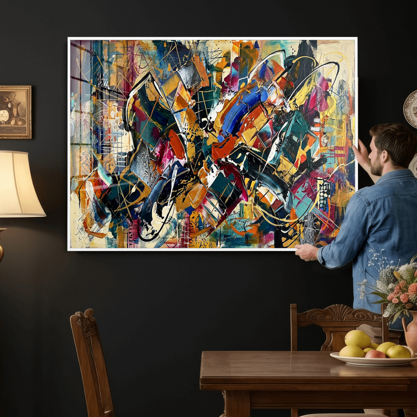 15525527-MGV-CV-36X24 - Geometric Abstract Wall Art Canvas Print, Orange Blue Abstract Expressionist Painting Print, Modern Geometric Abstract Canvas Art