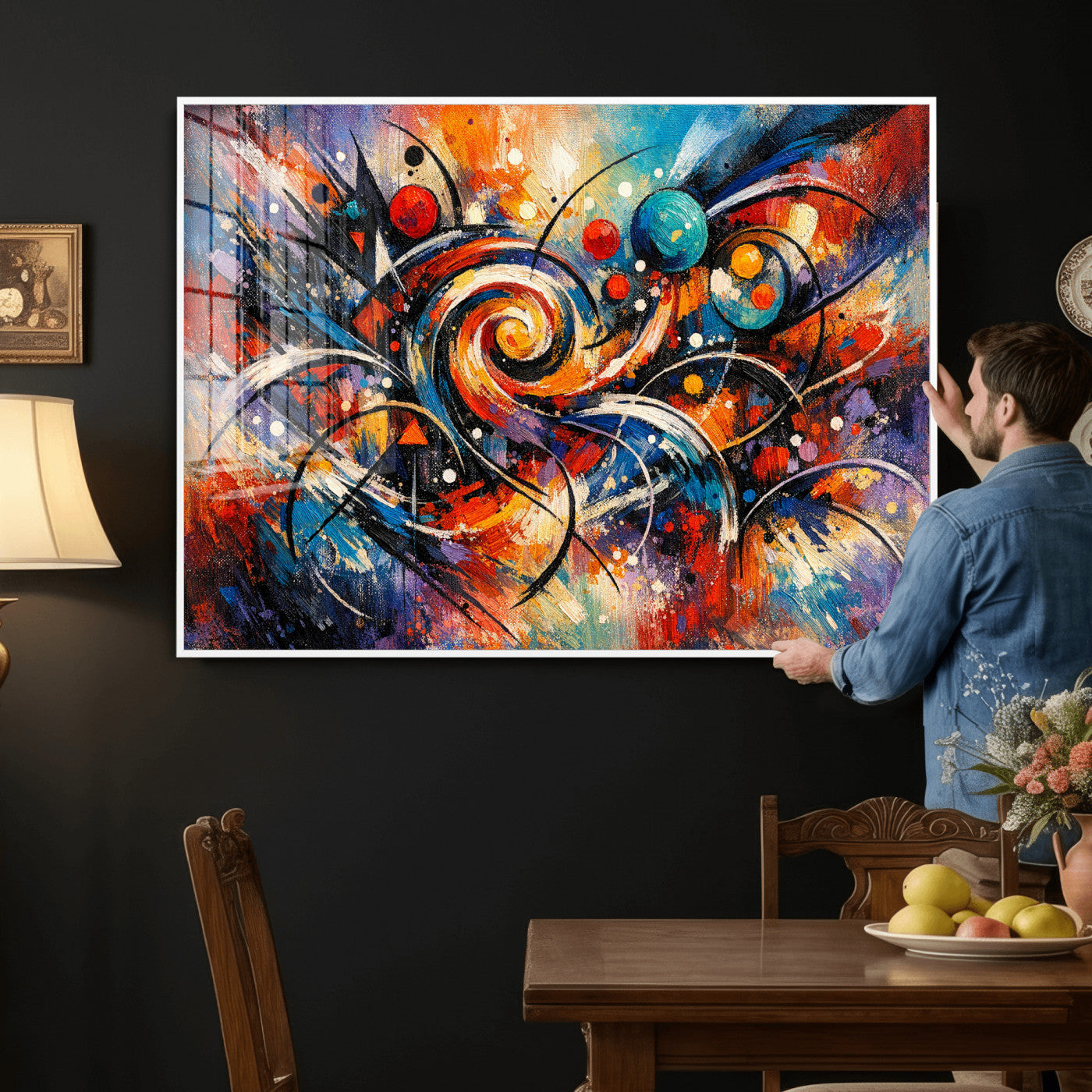60193267-MGV-CV-36X24 - Geometric Abstract Wall Art Canvas Print, Orange Blue Abstract Expressionist Painting Print, Modern Geometric Abstract Canvas Art