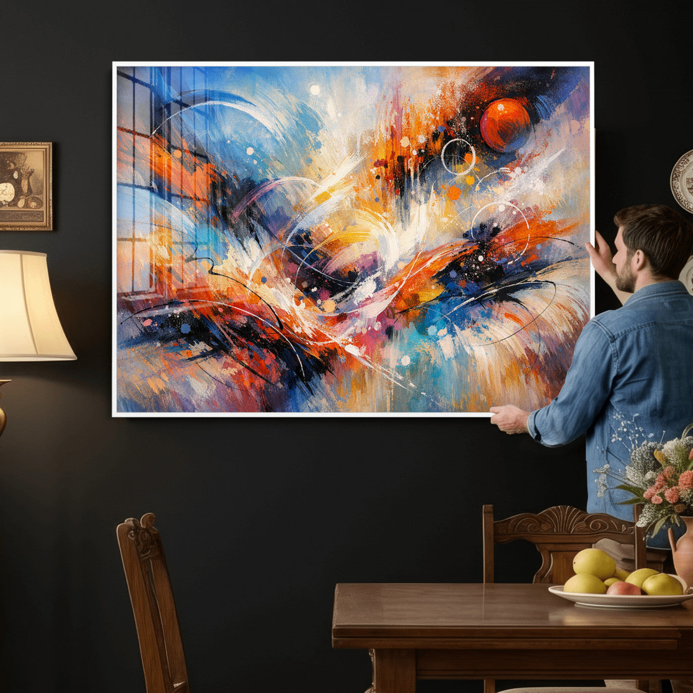 47770355-MGV-CV-36X24 - Geometric Abstract Wall Art Canvas Print, Orange Blue Abstract Expressionist Painting Print, Modern Geometric Abstract Canvas Art