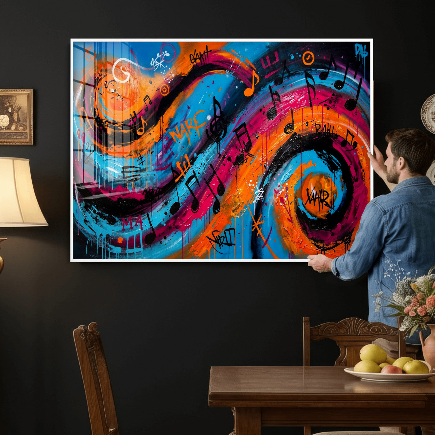 34936518-MGV-CV-36X24 - Geometric Abstract Wall Art Canvas Print, Orange Blue Abstract Expressionist Painting Print, Modern Geometric Abstract Canvas Art