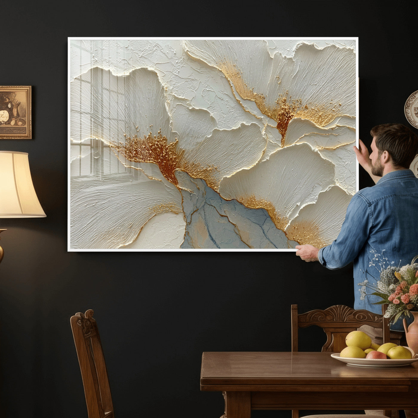 4712069F1-MGV-CV-36X24 - White Gold Floral Canvas Wall Art — Textured Flower Print | Luxury Botanical Decor | Elegant Bedroom Art | Gold Leaf Wall Art Gift