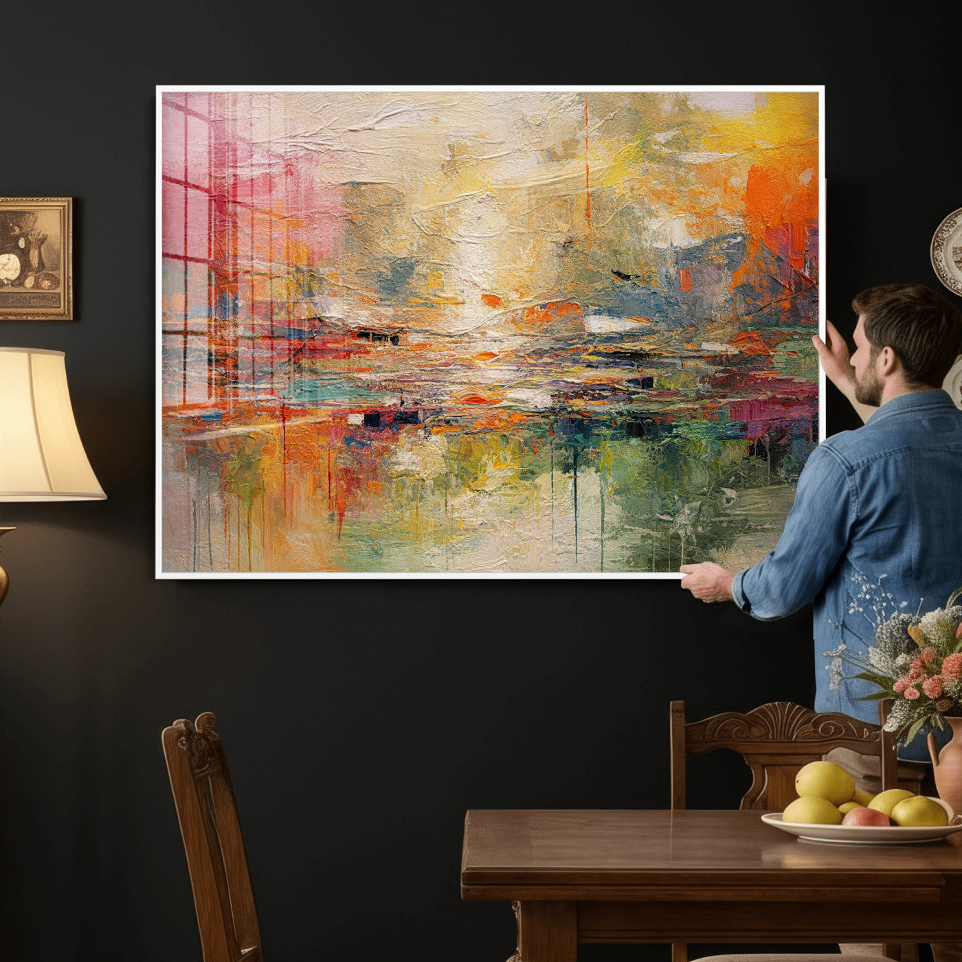 4712069P1-MGV-CV-36X24 - Colorful Abstract Canvas Wall Art — Large Textured Oil Painting Style Print | Orange Red Boho Wall Decor | Modern Living Room Art | Bold Wall Art