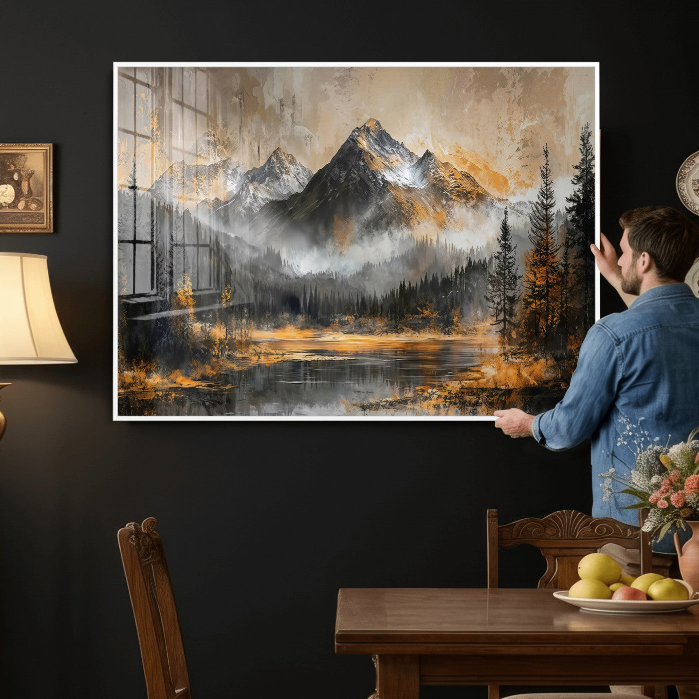 4712069D1-MGV-CV-36X24 - Mountain Lake Canvas Wall Art — Rustic Forest Landscape Print | Gold Grey Nature Decor | Cabin Wall Art | Large Wilderness Art Print Gift