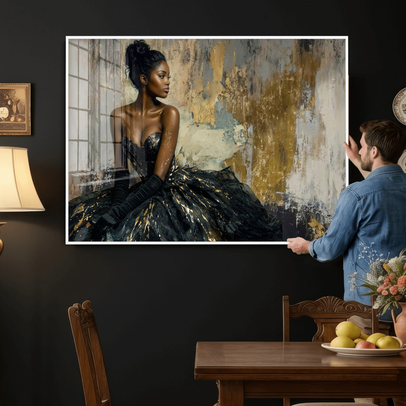 4712069Z1-MGV-CV-36X24 - Elegant Woman Canvas Wall Art — Black Gold Gown Fashion Print | Luxury Glam Wall Decor | African American Art | Bold Bedroom Wall Art Gift