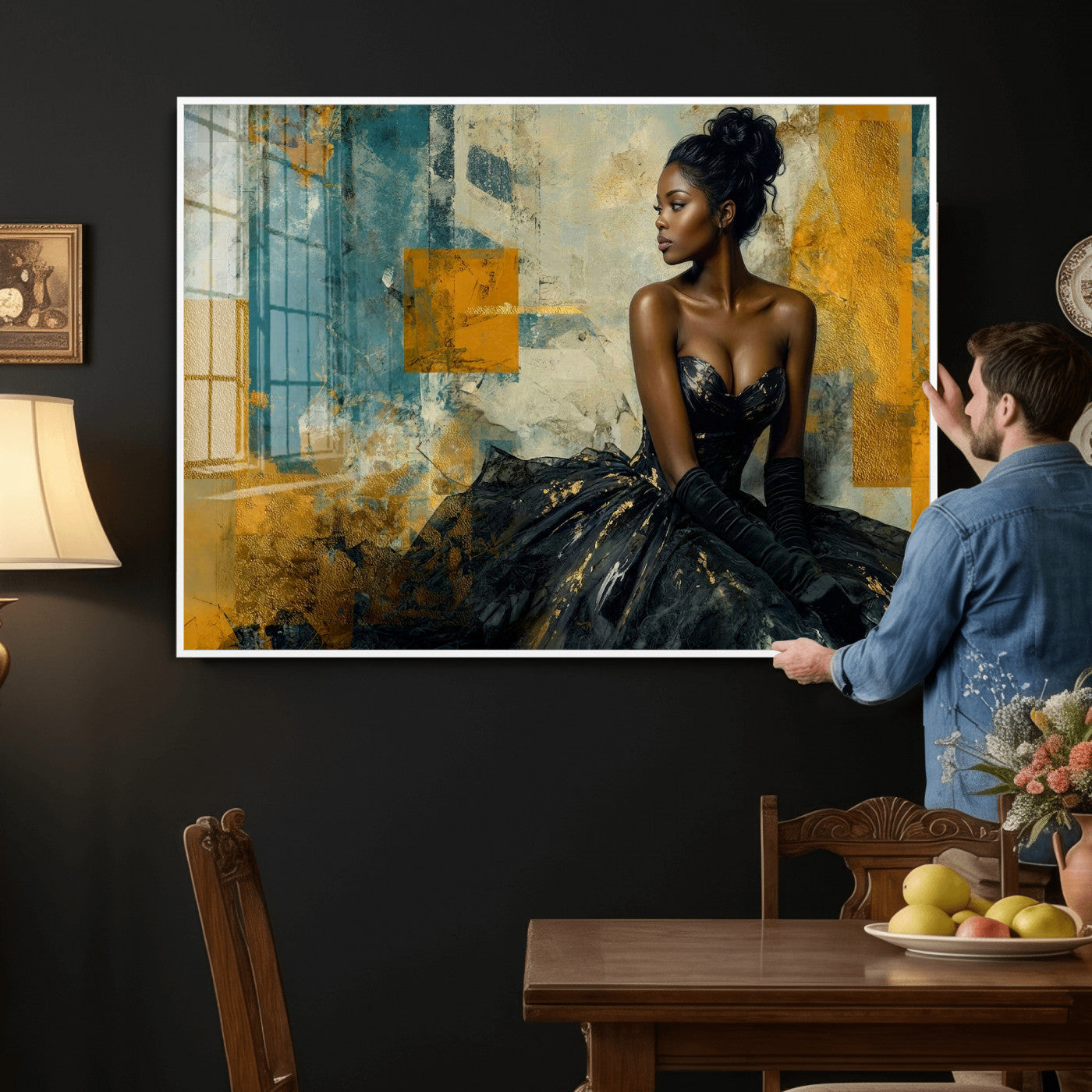 4712069Z21-MGV-CV-36X24 - Elegant Woman Canvas Wall Art — Black Gold Gown Fashion Print | Luxury Glam Wall Decor | African American Art | Bold Bedroom Wall Art Gift