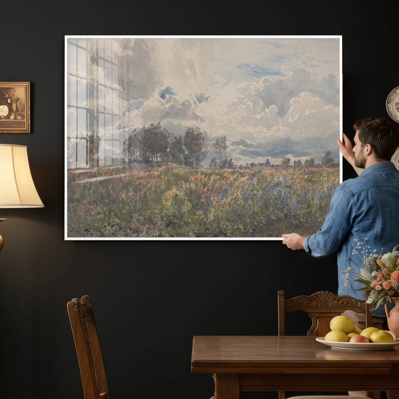 76626885-MGV-CV-36X24 - Vintage Watercolor Meadow Canvas Wall Art — English Pastoral Wildflower Storm Sky Print | Cottagecore Nature Decor | Classic Landscape Gift