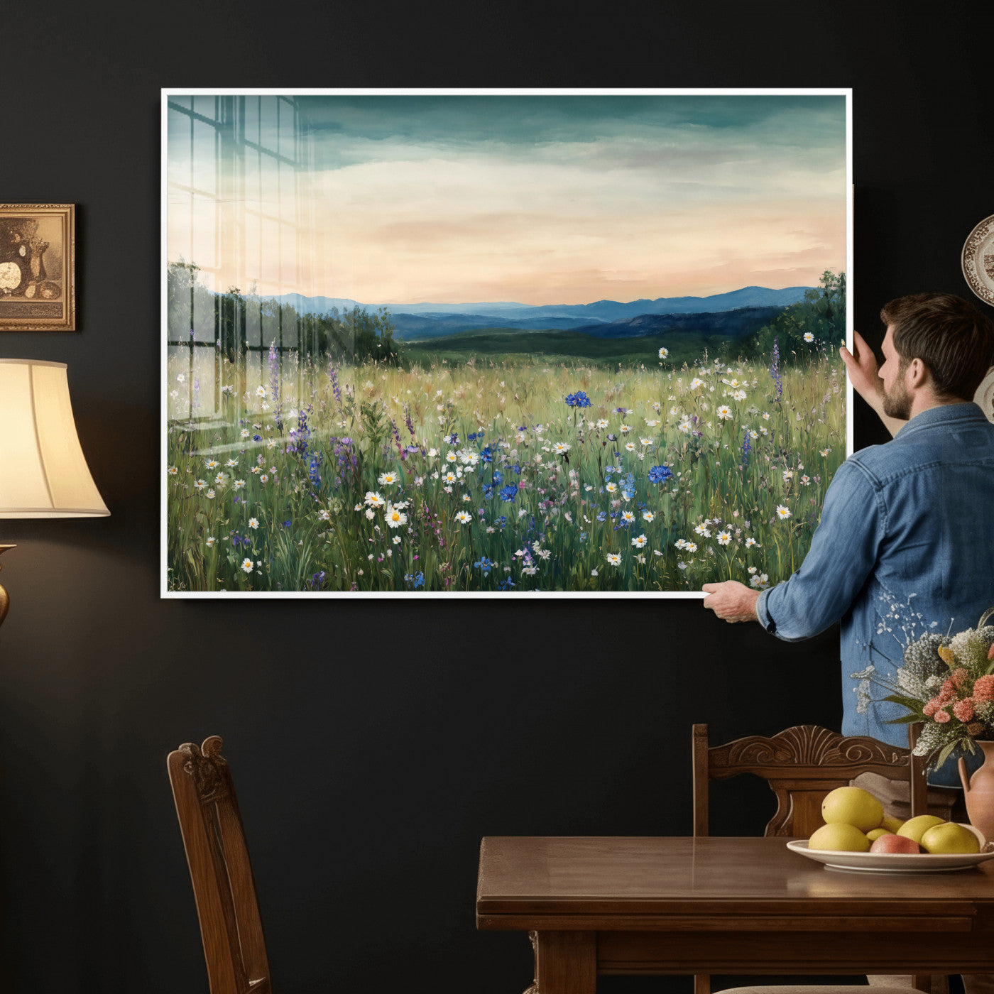 35773805-MGV-CV-36X24 - Wildflower Meadow Oil Painting Canvas — Daisy Lavender Mountain Sunset Print | Cottagecore Floral Wall Art | Bedroom Decor Gift for Her