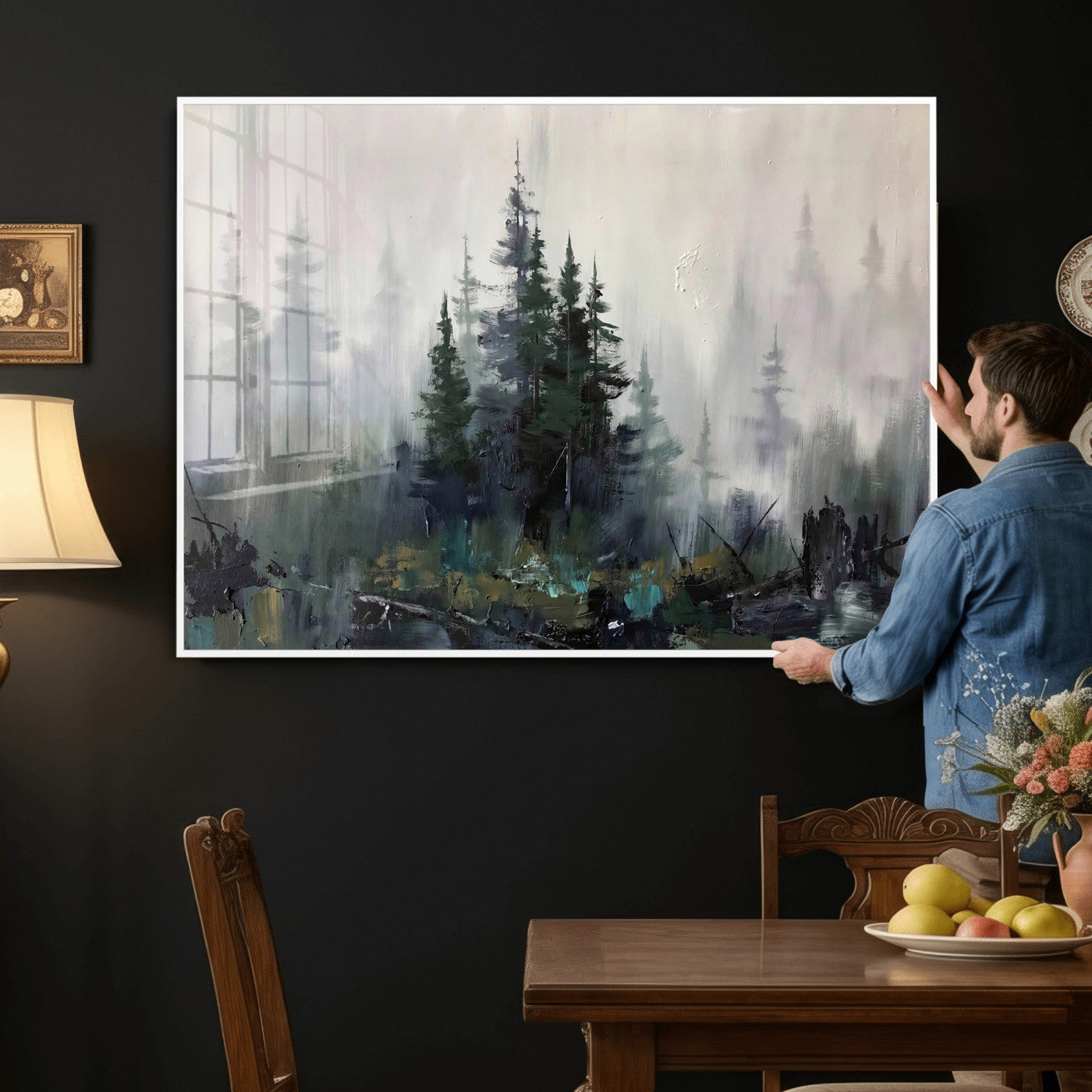 94143325-MGV-CV-36X24 - Misty Pine Forest Oil Painting Canvas — Dark Moody Teal Grey Tree Print | Japandi Scandinavian Wall Art | Minimalist Nature Decor Gift
