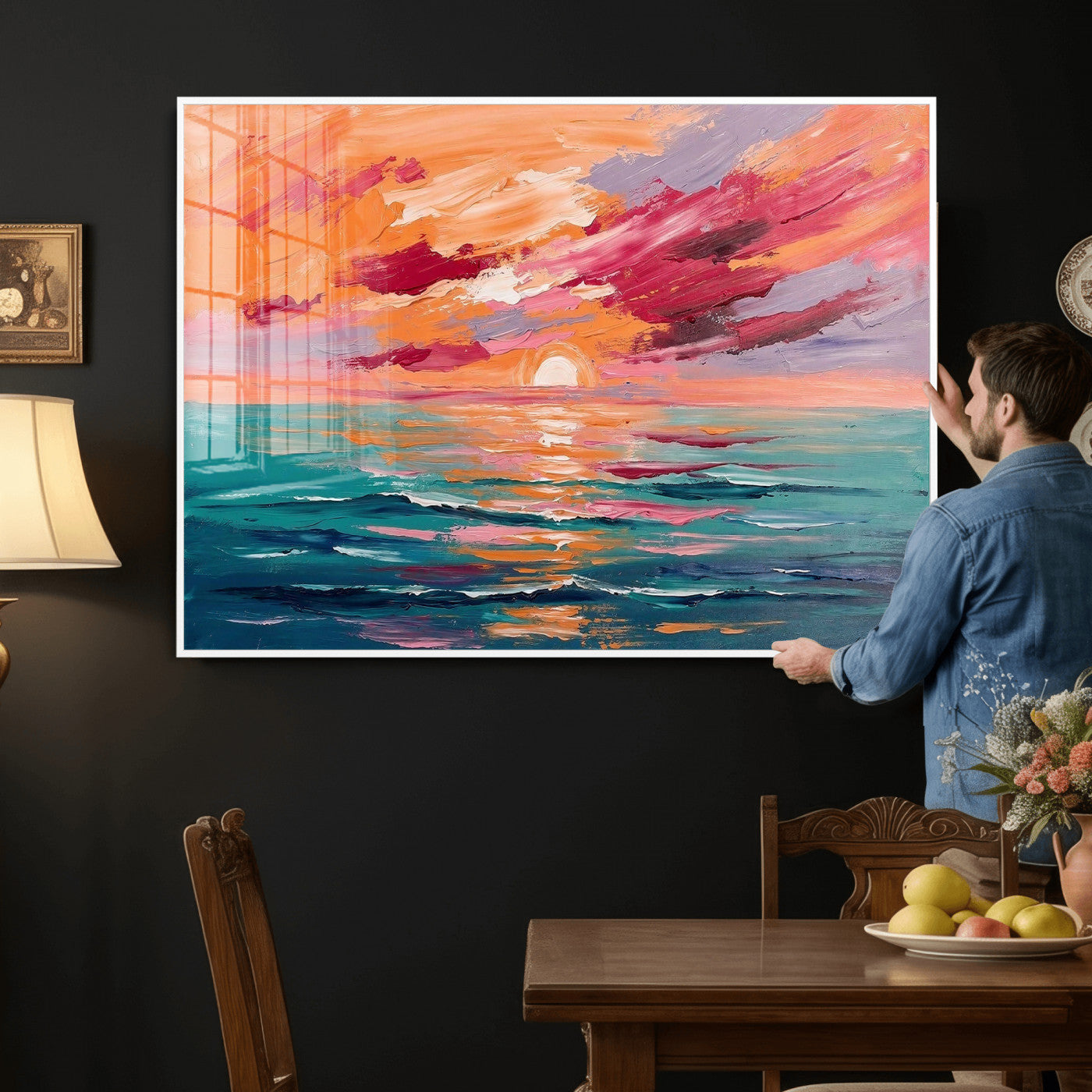 26763902-MGV-CV-36X24 - Bold Palette Knife Ocean Sunset Canvas — Orange Pink Teal Expressionist Sea Print | Colorful Coastal Wall Art | Vibrant Beach Decor Gift