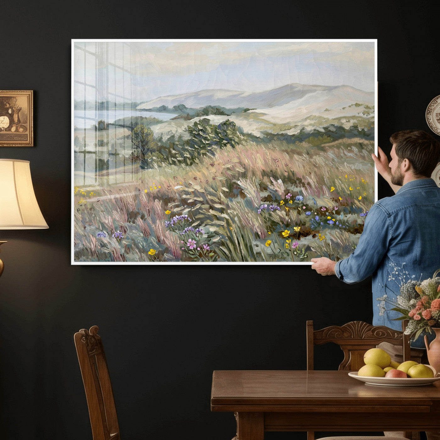 18013232-MGV-CV-36X24 - Katie Staples Hillside Canvas Wall Art — Coastal Wildflower Dune Oil Painting Print | Muted Green Nature Decor | Plein Air Landscape Gift