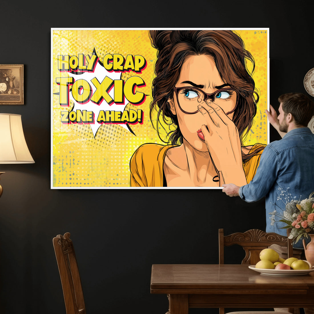 Pop Art Bathroom Sign Wall Art Canvas Print | Funny Yellow Comic Toilet Decor
