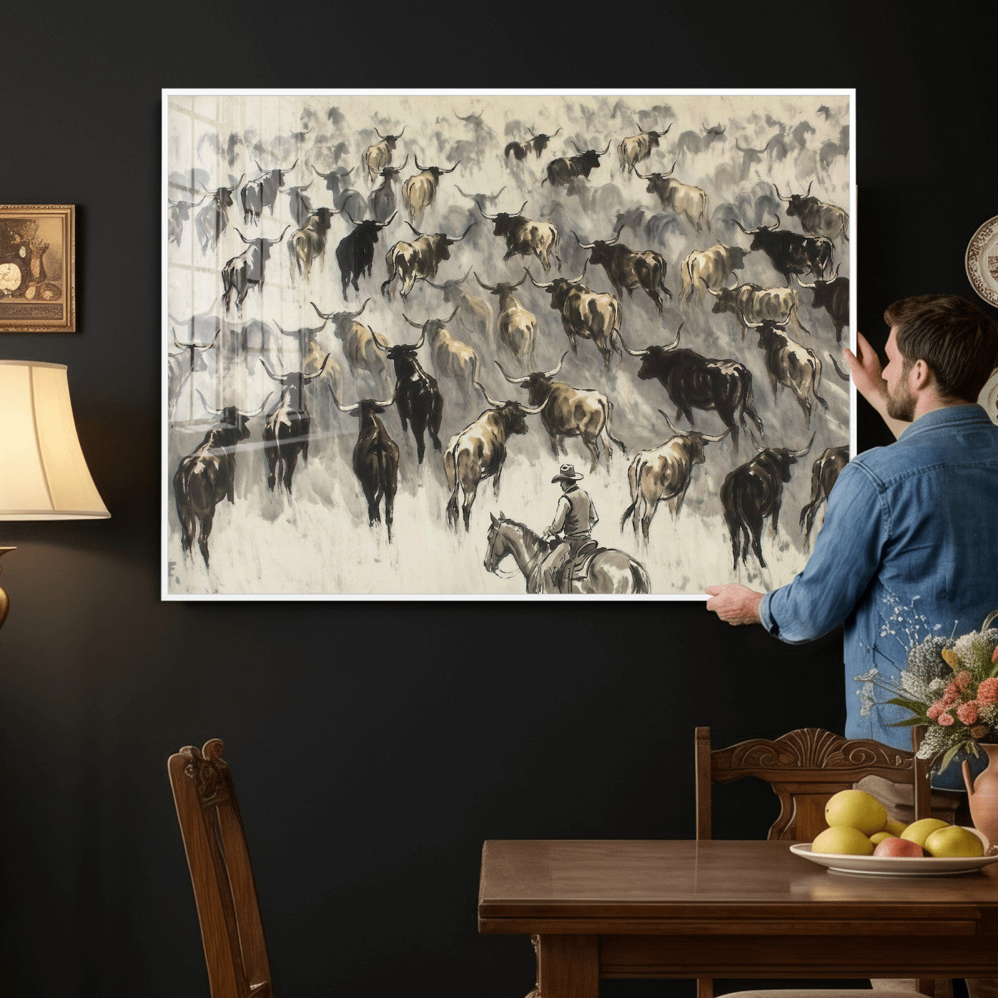 48049876-MGV-CV-36X24 - Cowboy Cattle Drive Canvas Wall Art, Western Longhorn Herd Ink Painting Print, Ranch Rodeo Decor, Black White Western Art, Large Living Room Art