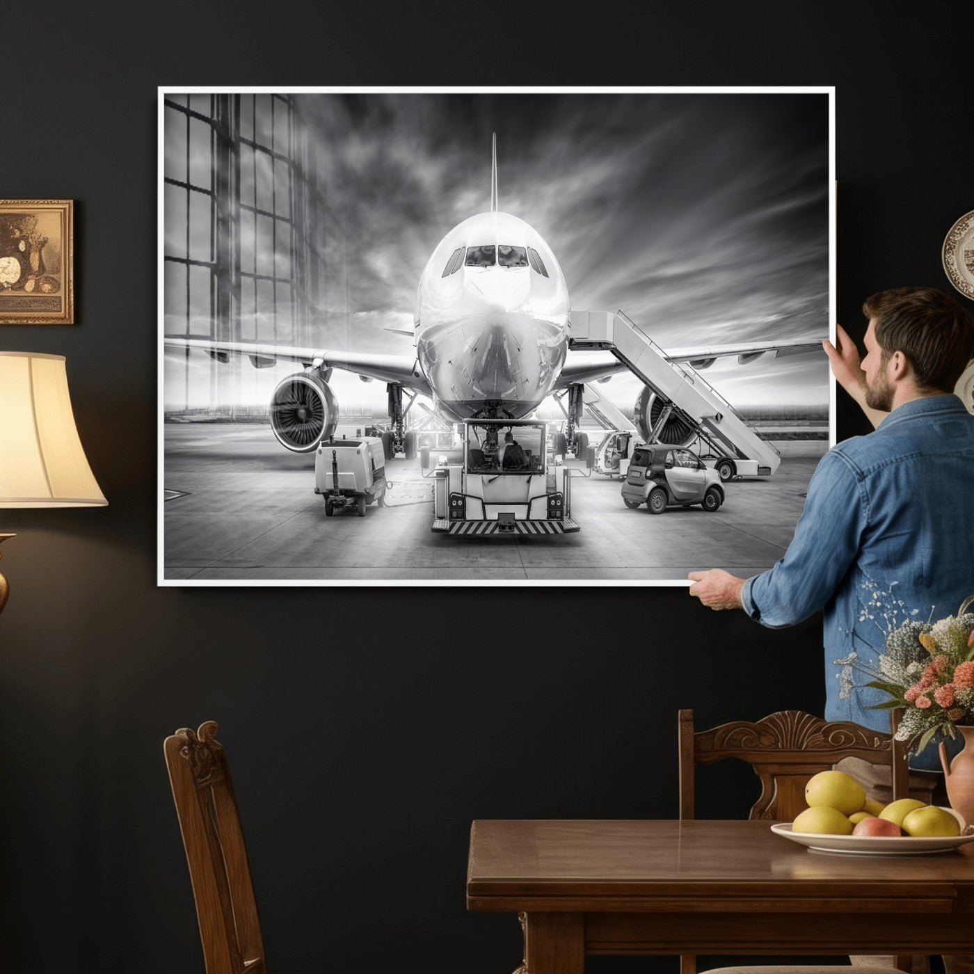 85885848-MGV-CV-36X24 - Airplane Wall Art Canvas Print, Black and White Jet Aircraft Airport Runway Framed Aviation Artwork for Pilot Office Hangar Travel Decor