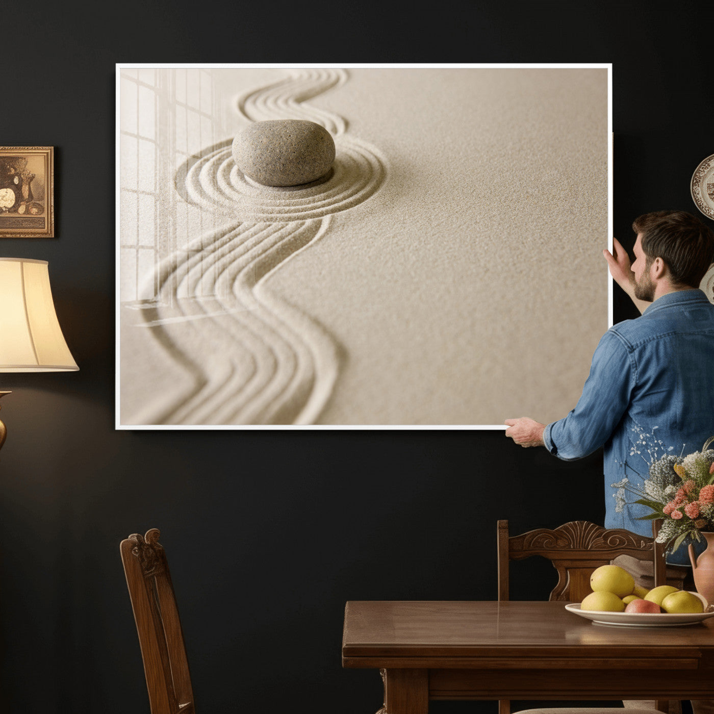66852661-MGV-CV-36X24 - Zen Garden Stone Sand Canvas | Japanese Rock Garden Wall Art | Minimalist Meditation Print | Neutral Beige Mindfulness Decor