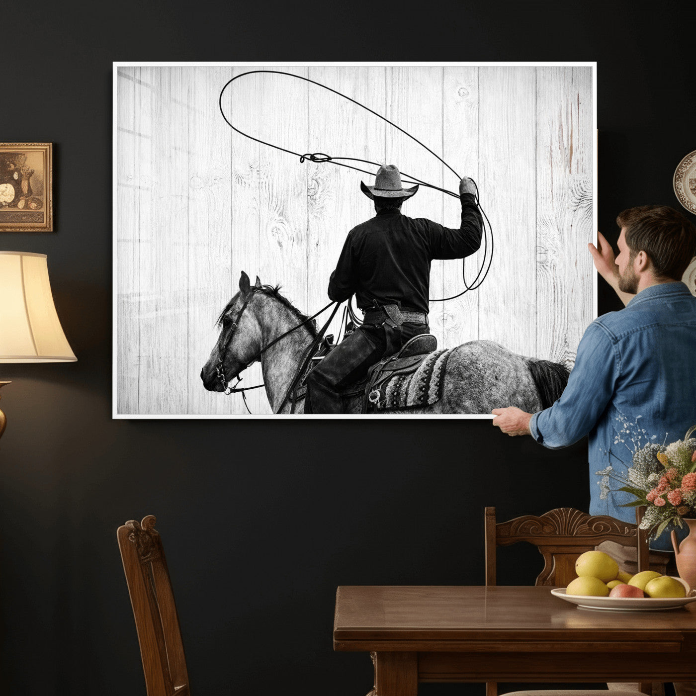 22569358-MGV-CV-36X24 - Cowboy Lasso Canvas Wall Art, Black White Western Horse Photo Print, Rustic Ranch Rodeo Decor, Farmhouse Western Art, Cowboy Gift for Him