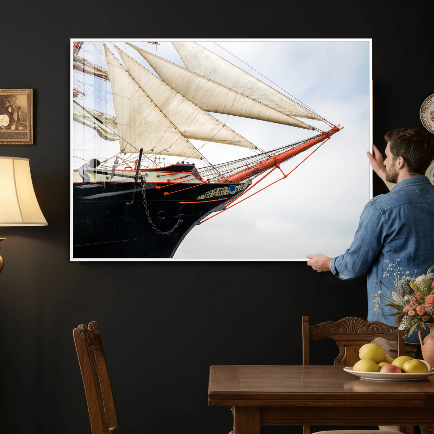 64830036-MGV-CV-36X24 - Sailboat Wall Art Canvas Print, Vintage Ship Bow Framed Artwork, Nautical Sailing Decor for Living Room Office Beach House
