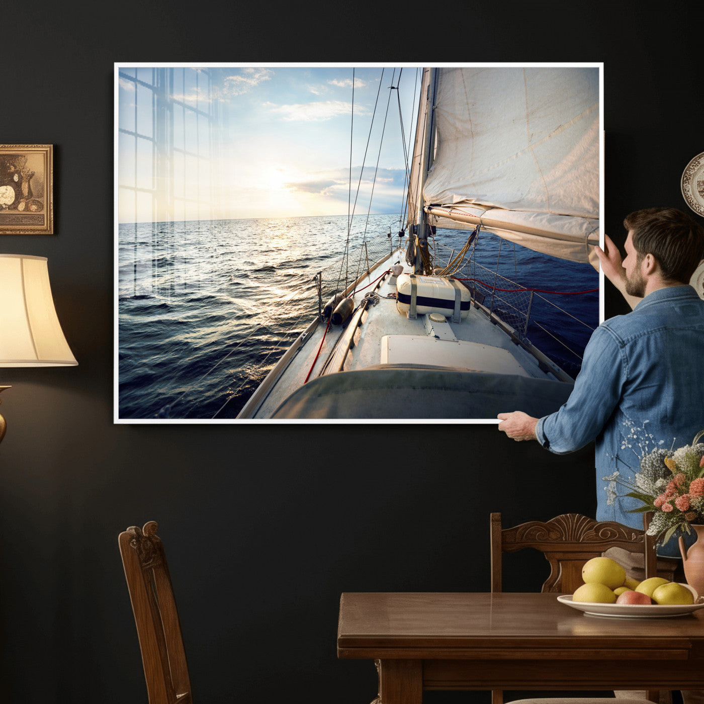 76381335-MGV-CV-36X24 - Sailboat Wall Art Canvas Print, Ocean Sunset Sailing Framed Artwork, Coastal Nautical Seascape Decor for Living Room Office Beach House