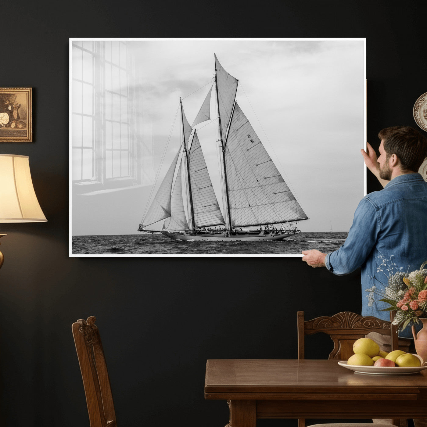 52882918-MGV-CV-36X24 - Vintage Sailboat Wall Art Canvas Print, Black and White Schooner Framed Artwork, Nautical Ocean Sailing Decor for Living Room Office Beach House