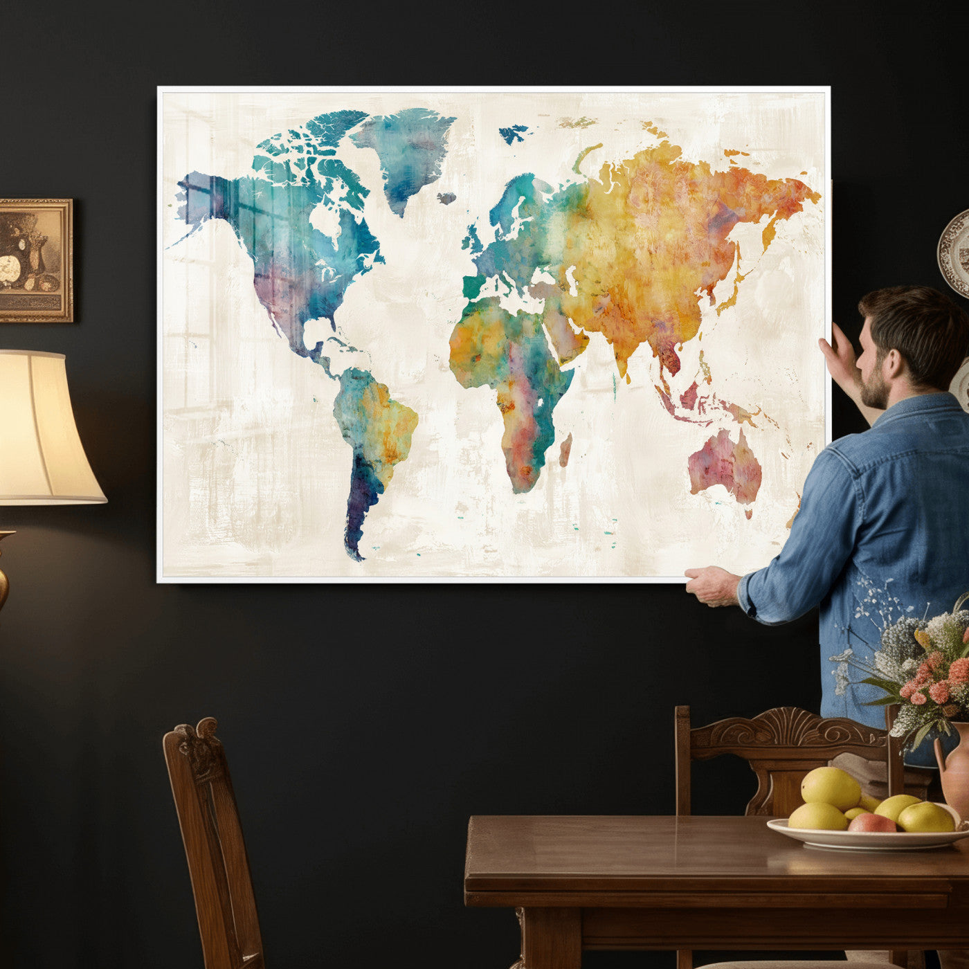 56556018-MGV-CV-36X24 - Watercolor World Map Canvas Wall Art Print – Abstract Colorful Travel Wall Decor
