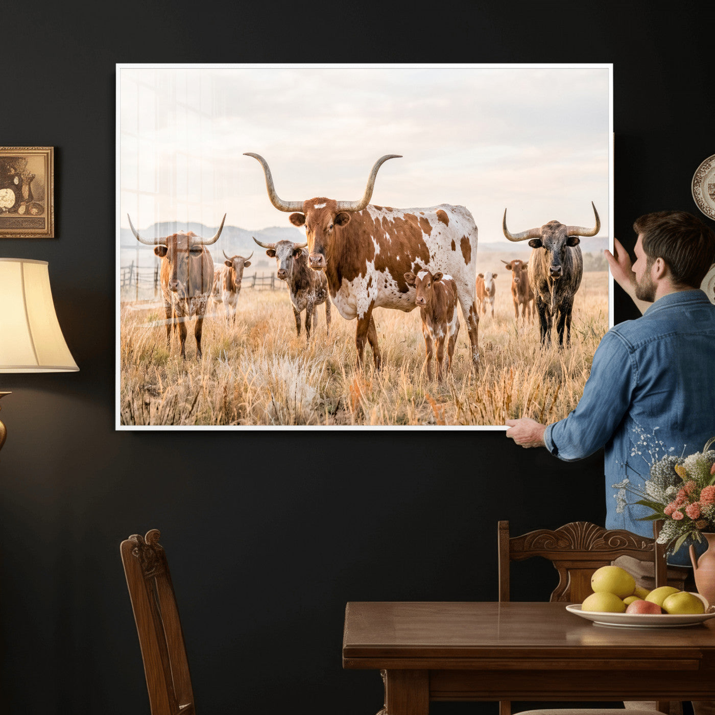 62336425AC-MGV-CV-36X24 - Texas Longhorn Canvas Wall Art, Rustic Farm Animal Photography Print, Farmhouse Country Decor, Western Ranch Art