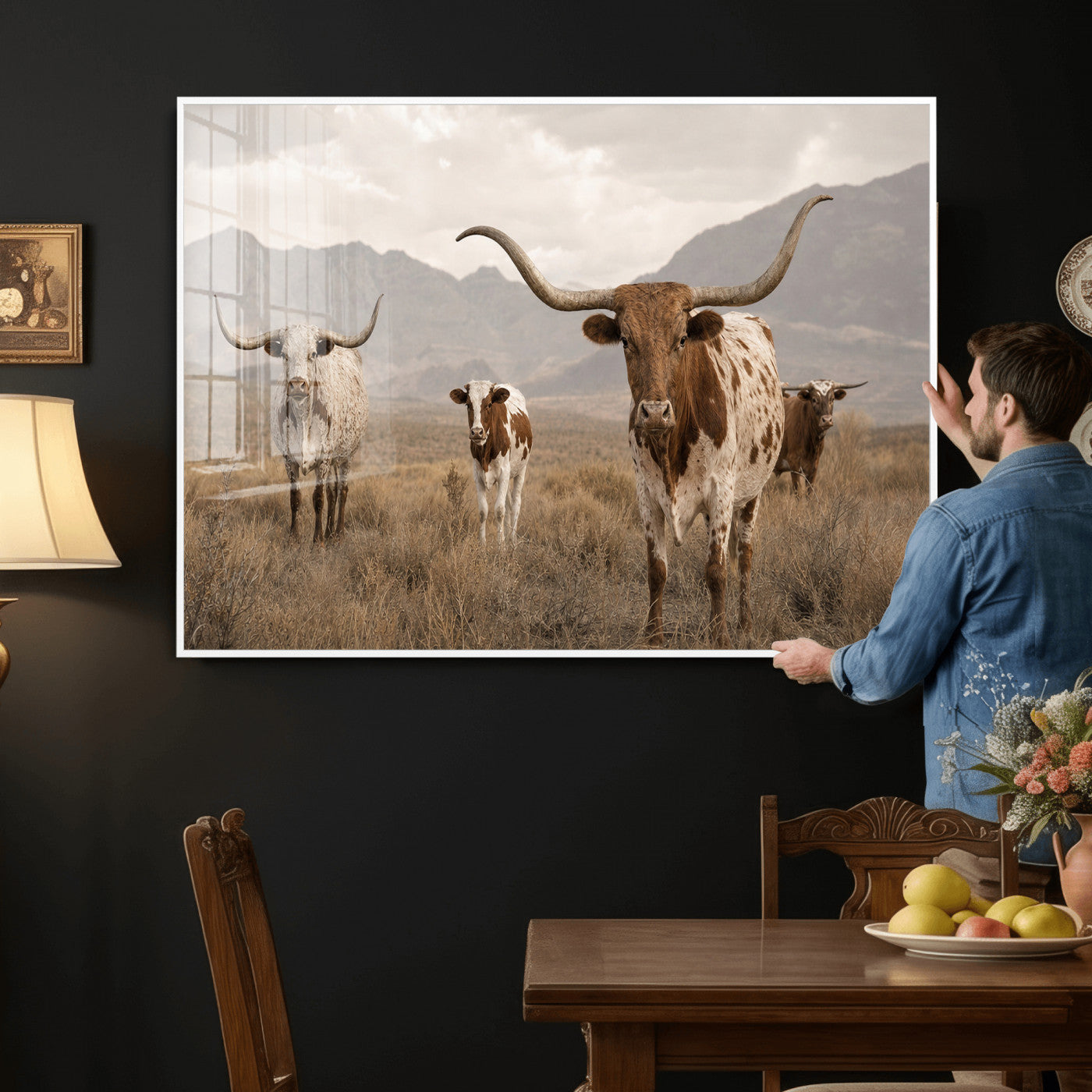 62336425AD-MGV-CV-36X24 - Rustic Texas Longhorn Cow Canvas Wall Art Print, Rustic Farm Animal Photography Print, Farmhouse Country Decor, Western Ranch Art