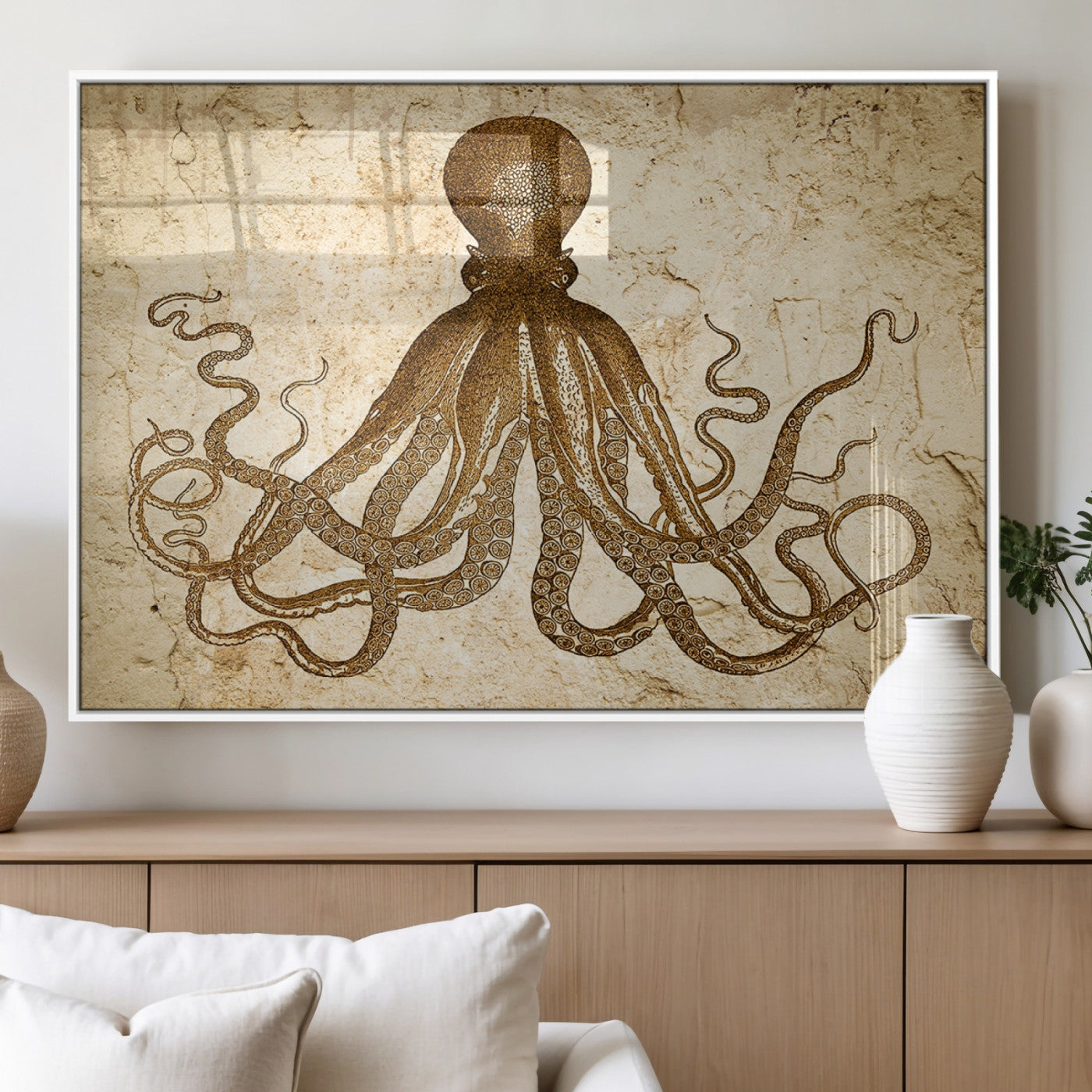 MGV-FP-60X30-3P - Sepia Octopus Wall Art Abstract Animal Canvas Print