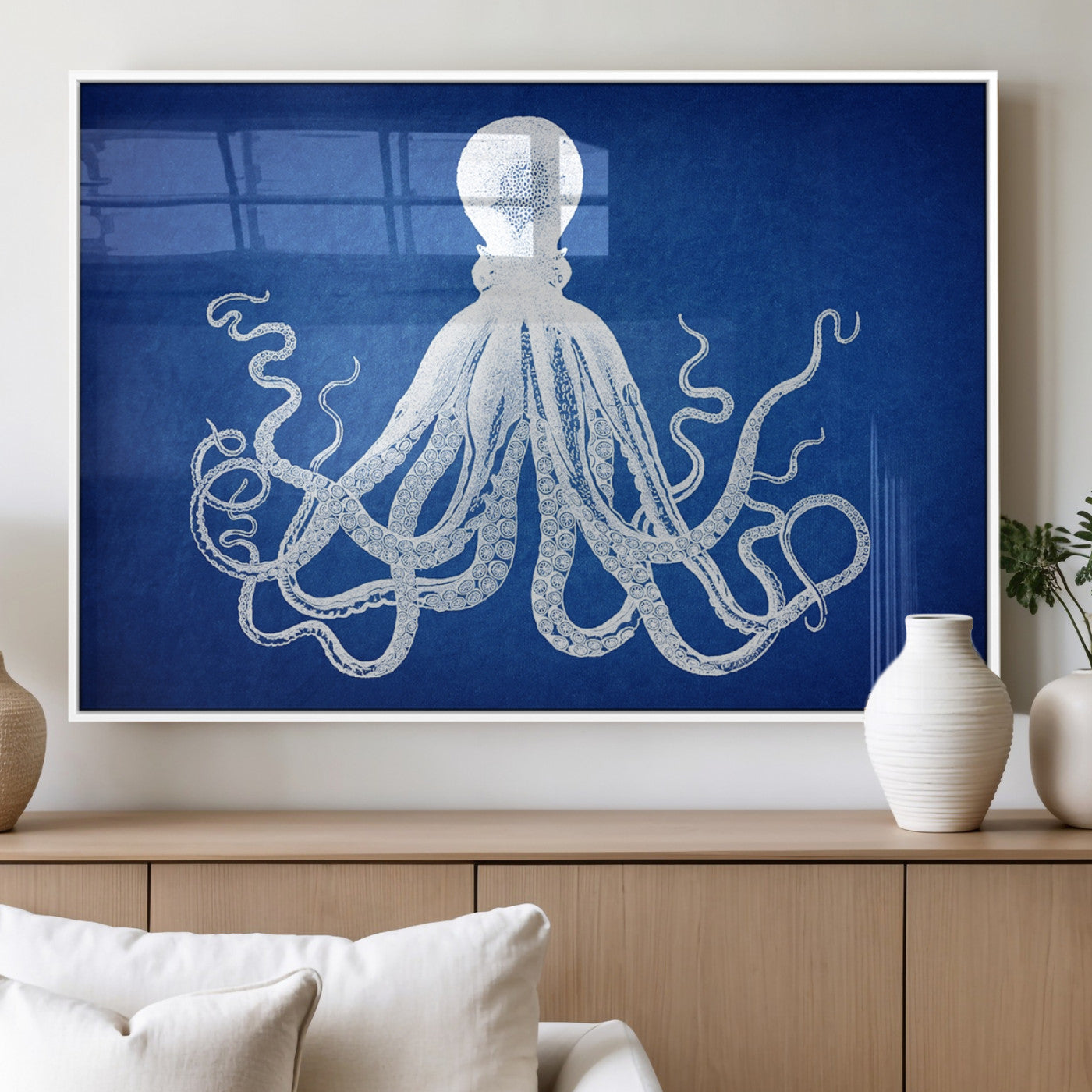 MGV-FP-60X30-3P - Large 3-Panel Blue Octopus Canvas Wall Art | Coastal Marine Life Artwork for Living Room, Bedroom,
