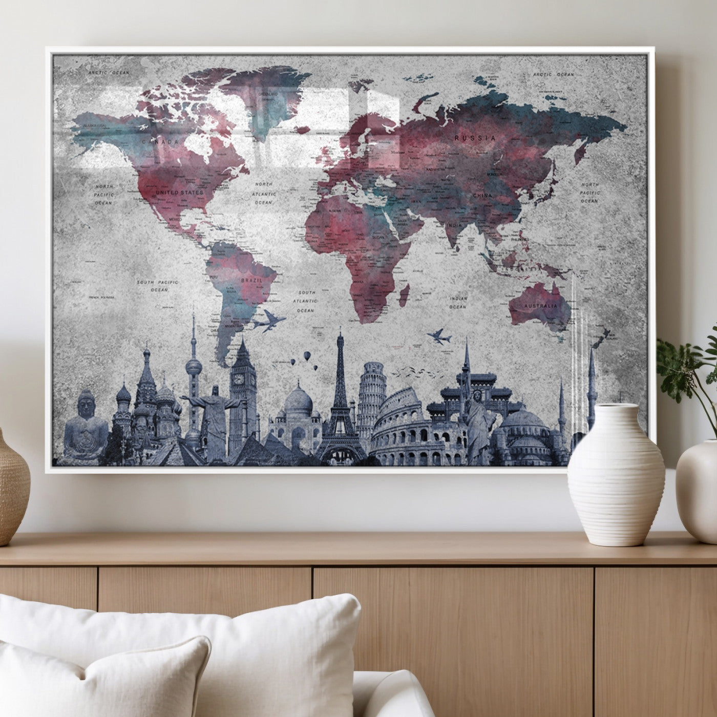 MGV-FP-36X24-3P - Push Pin World Map Canvas Print – Framed Wall Art for Couples to Track Their Travels – Anniversary