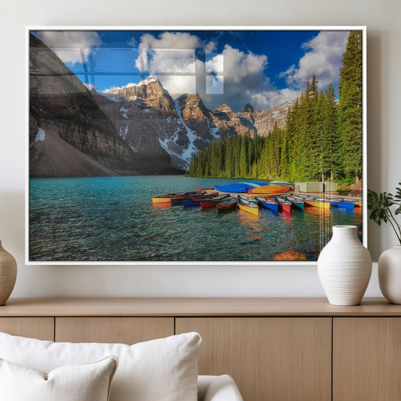 MGV-FP-60X30-3P - Moraine Lake 3-Panel Wall Art, Majestic Mountain and Lake Landscape Canvas Print Canoes on Moraine