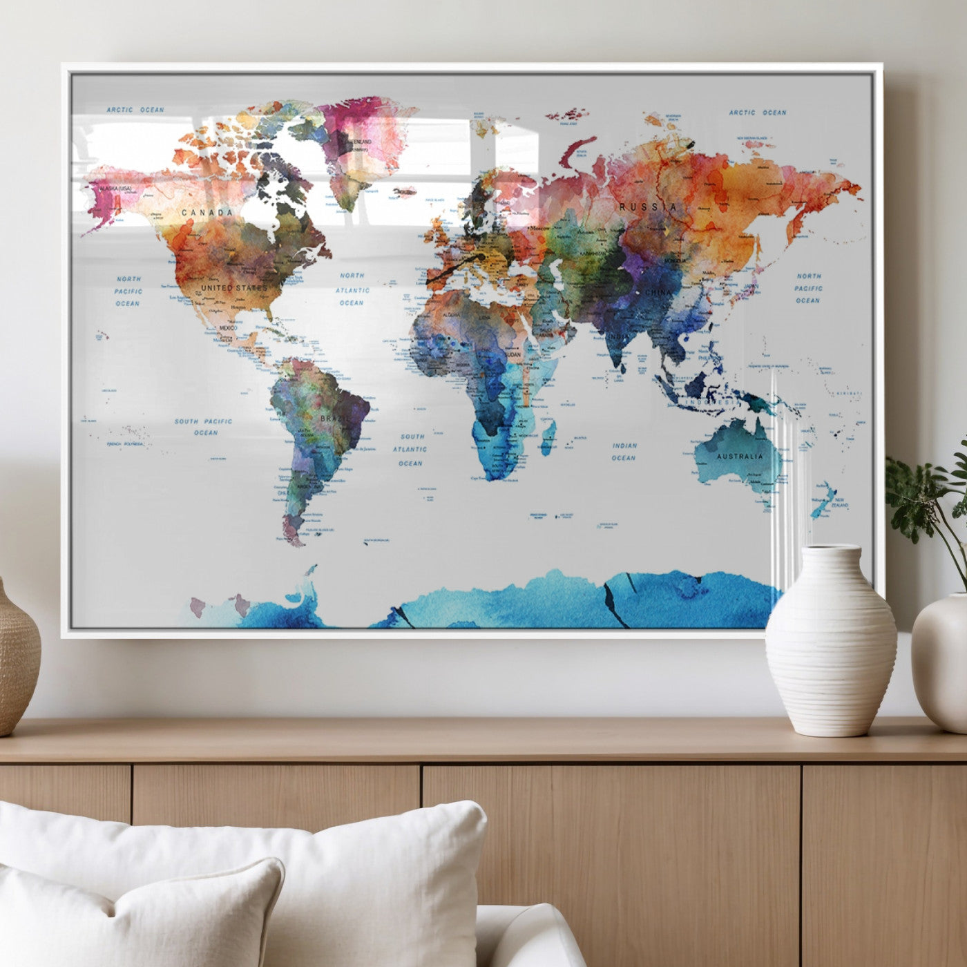 MGV-FP-36X24-3P - Push Pin World Map Canvas Print – Framed Wall Art for Couples to Track Their Travels – Anniversary