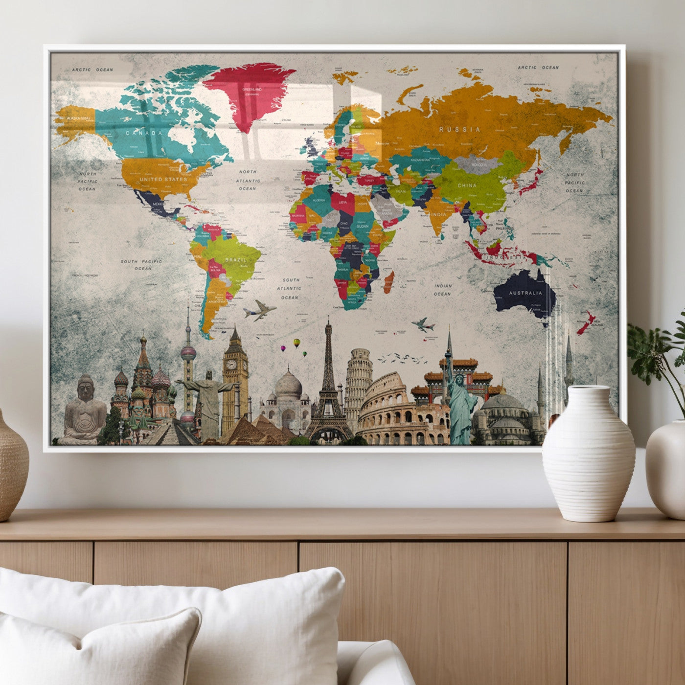 MGV-FP-36X24-3P - Push Pin World Map Canvas Print – Framed Wall Art for Couples to Track Their Travels – Anniversary