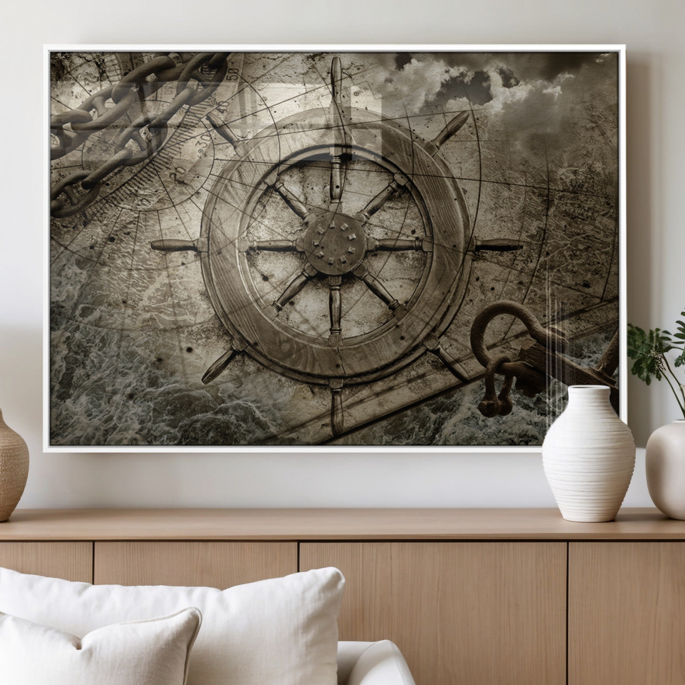 MGV-FP-60X30-3P - Wooden Ship Wheel Canvas Print, Multi Panel Canvas Wall Art Print