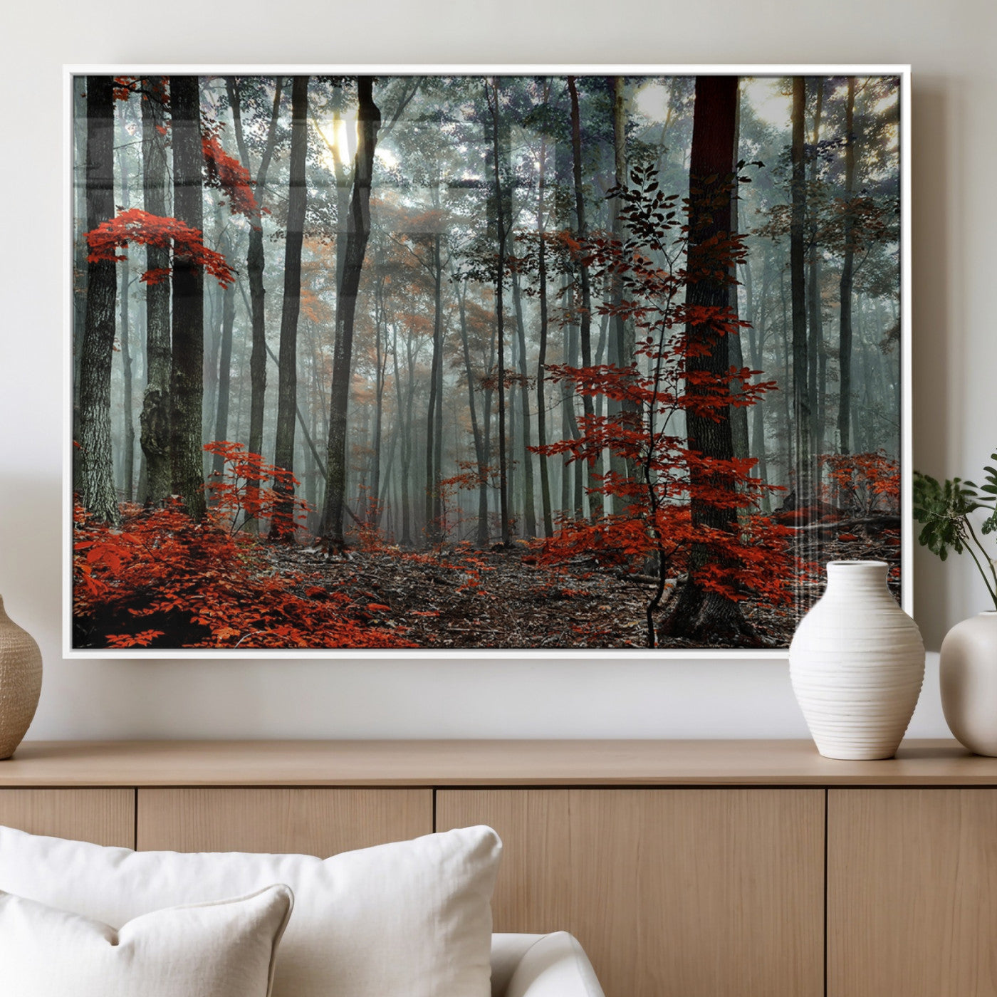 MGV-FP-60X30-3P - Autumn Forest Canvas Wall Art – Enchanting Red Leaves Triptych Print – Nature-Inspired Decor for