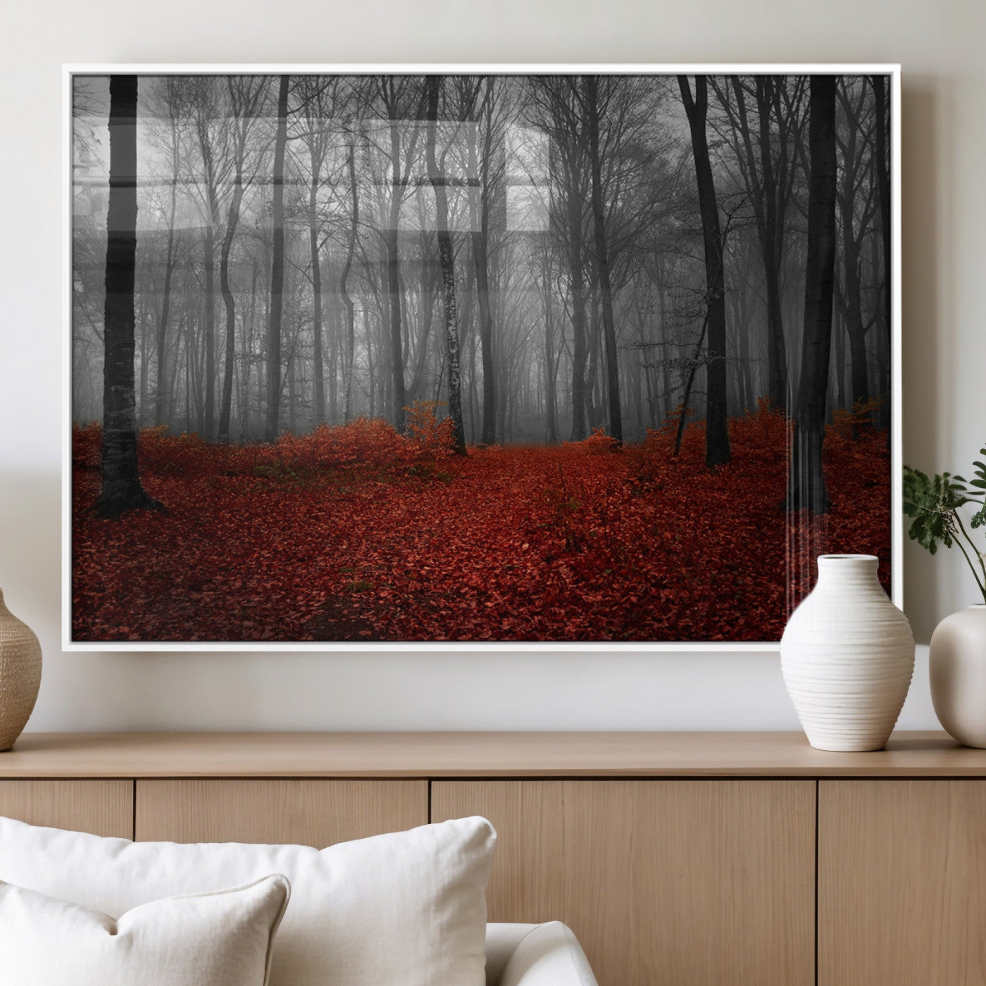 38804-MGV-FP-60X30-3P_White-Red Forest Floor Canvas Wall Art – Mystical Foggy Woodland Triptych – Nature-Inspired Decor for