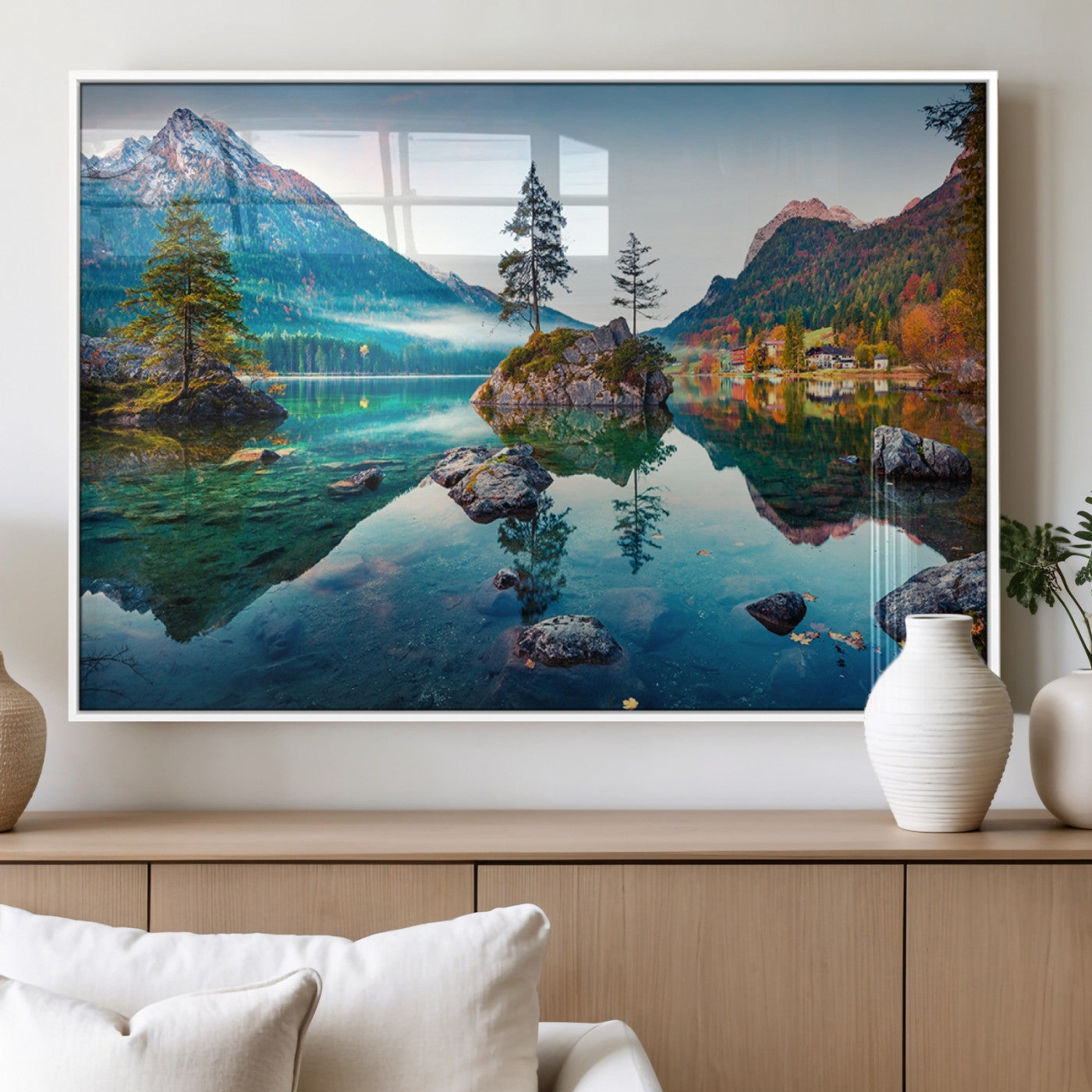 55009-MGV-FP-60X30-3P_White-Crystal Clear Lake Wall Art | Mountains Wall Art Canvas | 3 Panel Large Landscape Print for Dining