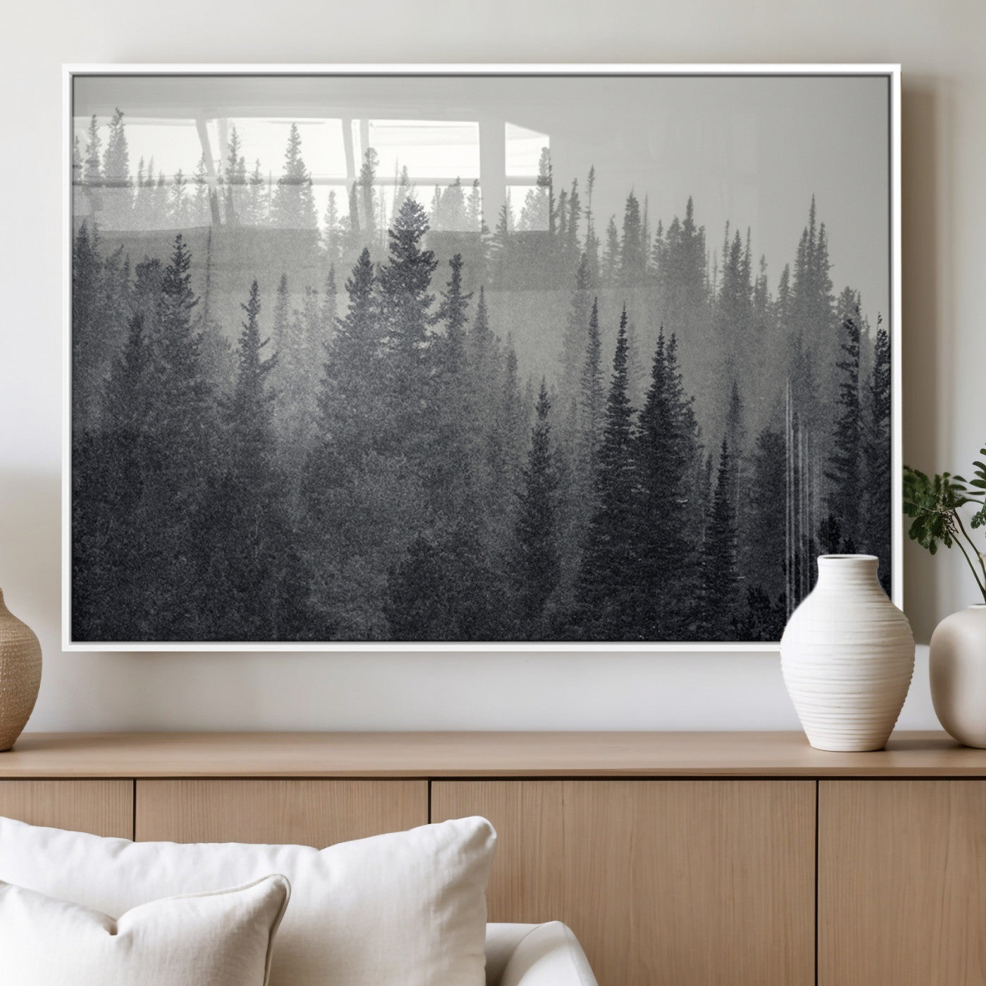 MGV-FP-60X30-3P - Misty Forest Canvas Wall Art – Monochrome Triptych Pine Tree Print – Nature-Inspired Home Decor –