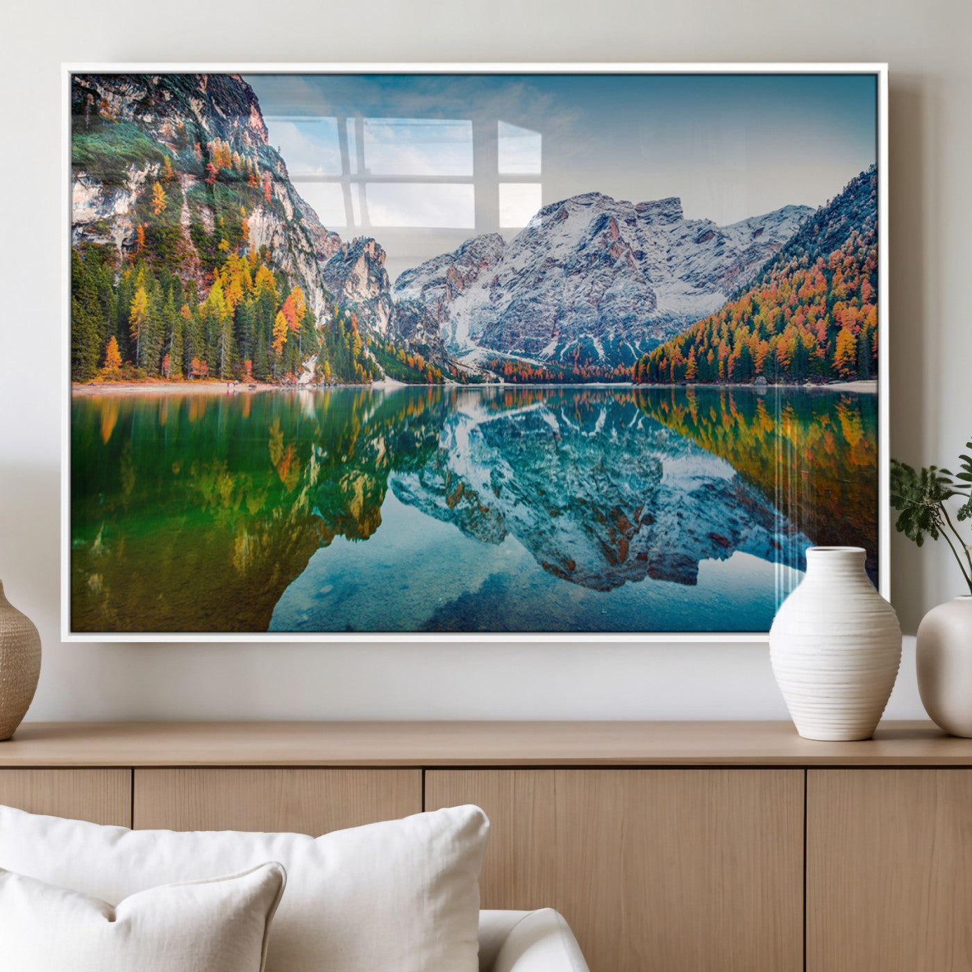 11645-MGV-FP-60X30-3P_White-Spectacular autumn view of Braies Lake Wall Art Canvas Print