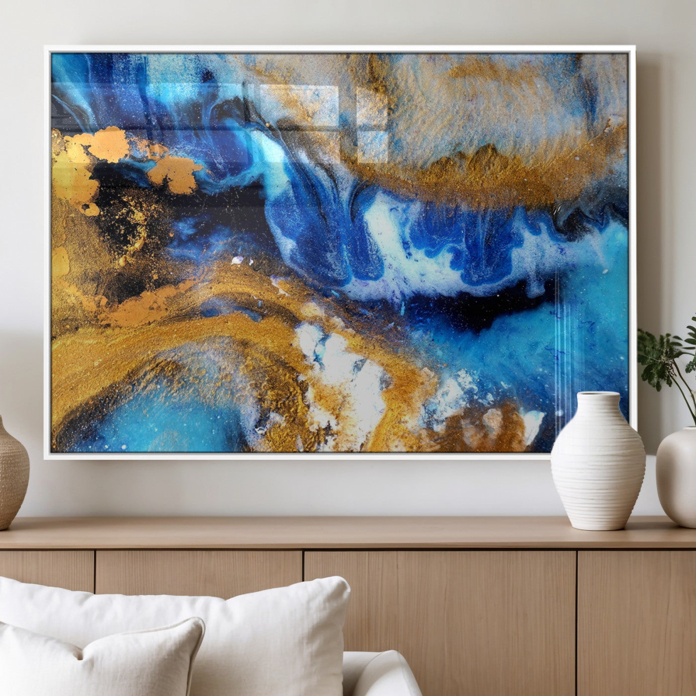 MGV-FP-60X30-3P - Blue Orange Marble Fluid Effect Canvas Wall Art Print